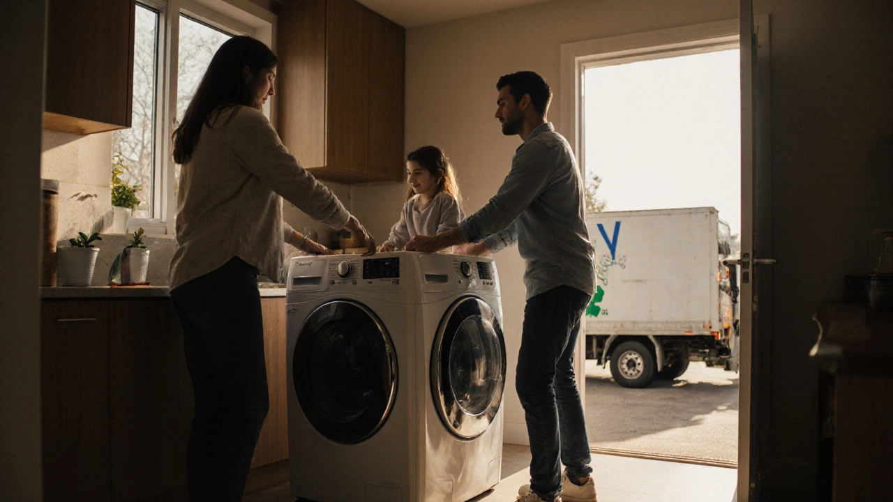 A family installing a new washing machine as an old one is taken away by a recycling truck.