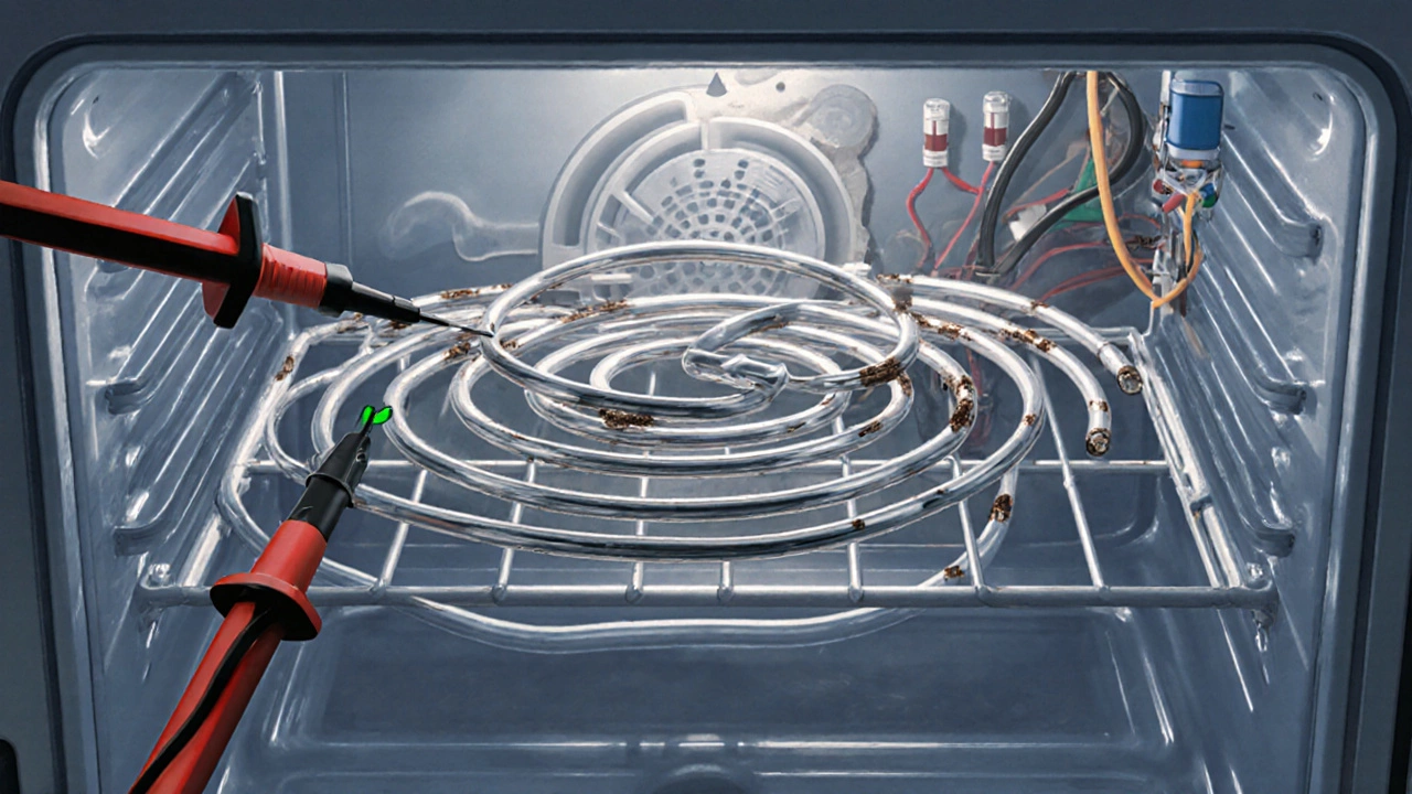 Close‑up of a bake heating element with multimeter probes testing continuity.