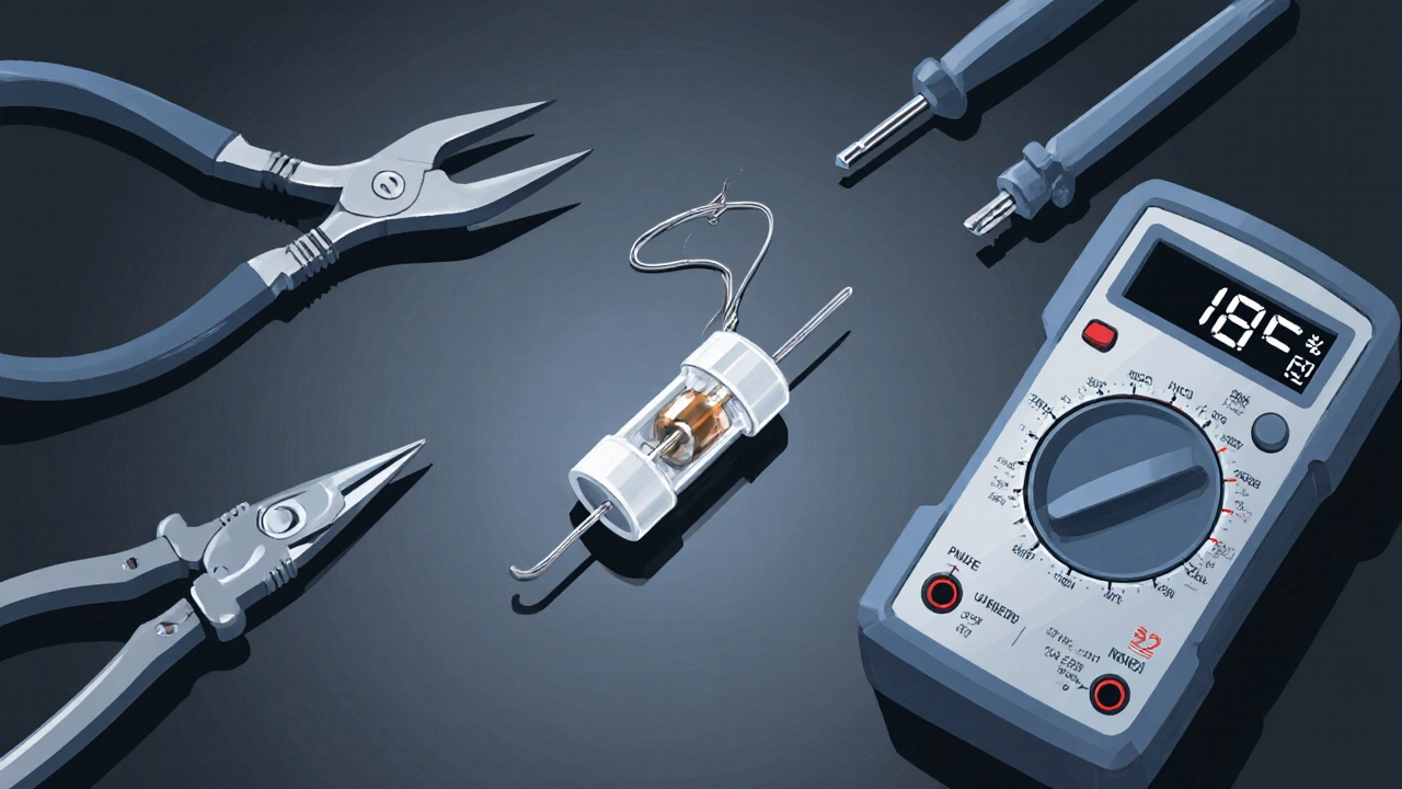 Close‑up of a broken microwave fuse with repair tools.