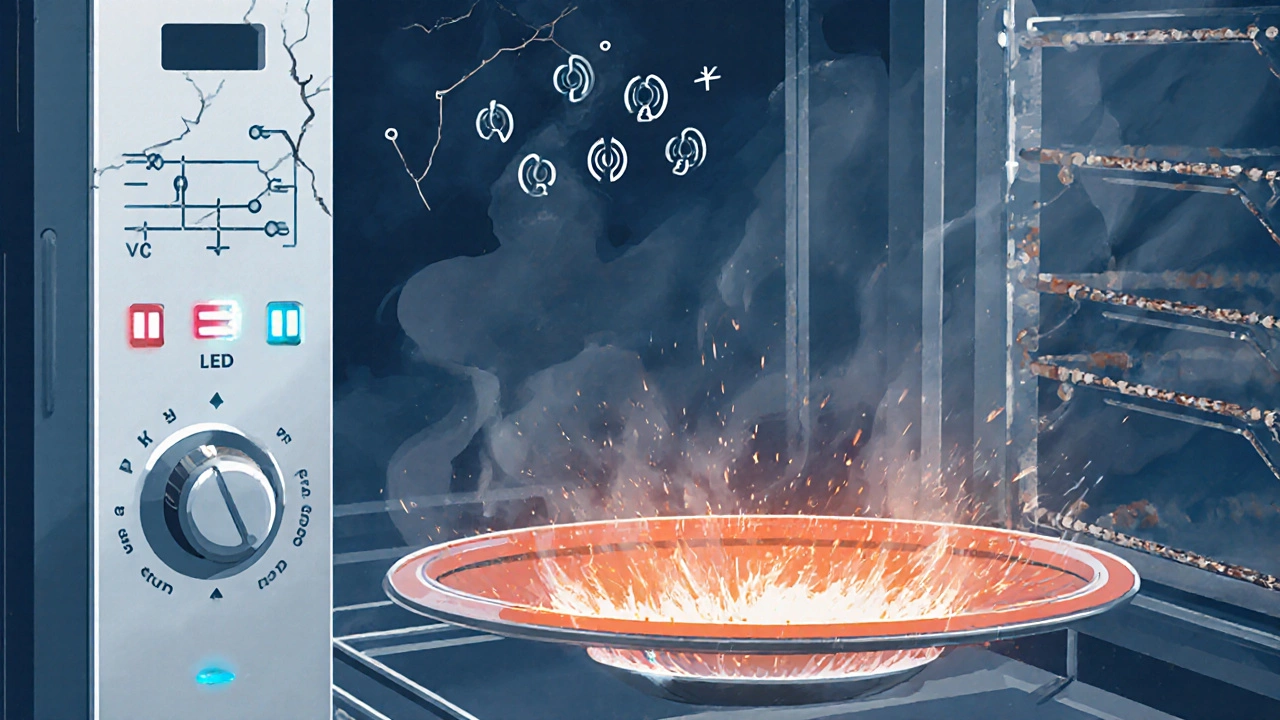 Close‑up of a glowing heating element, damaged control board, and sound‑wave icons showing oven problems.
