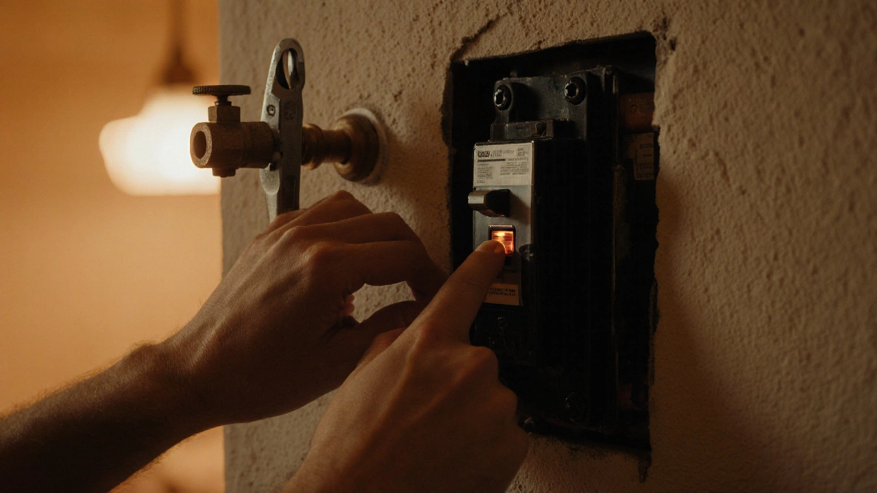 Close‑up of hands resetting a circuit breaker and checking a gas valve with a wrench.