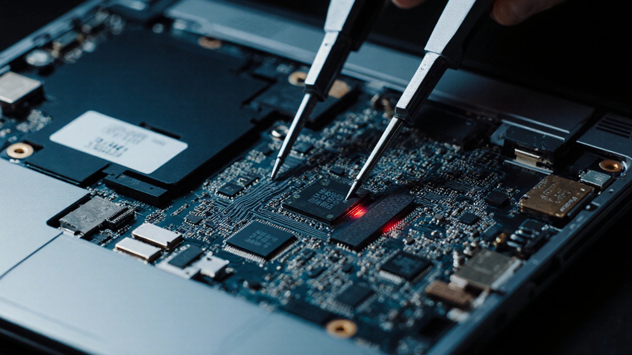 Close view of an opened ultrabook motherboard with tools, highlighting its complexity.
