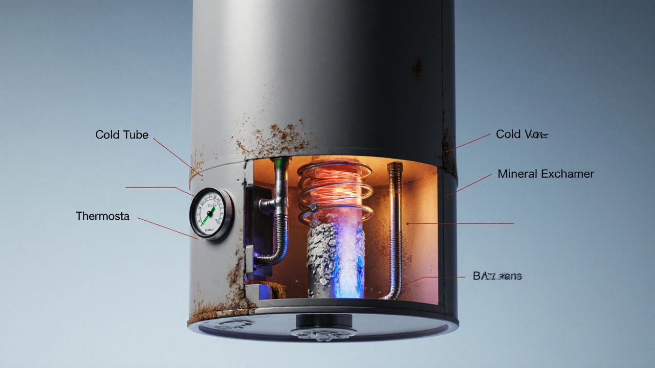 Cutaway view of a water heater showing a cracked dip tube and heating elements.