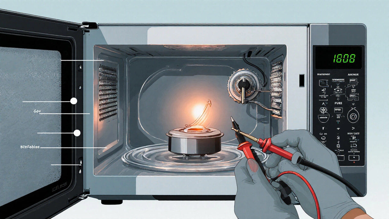 Cutaway view of microwave interior showing magnetron, capacitor, motor, fuse, and multimeter.