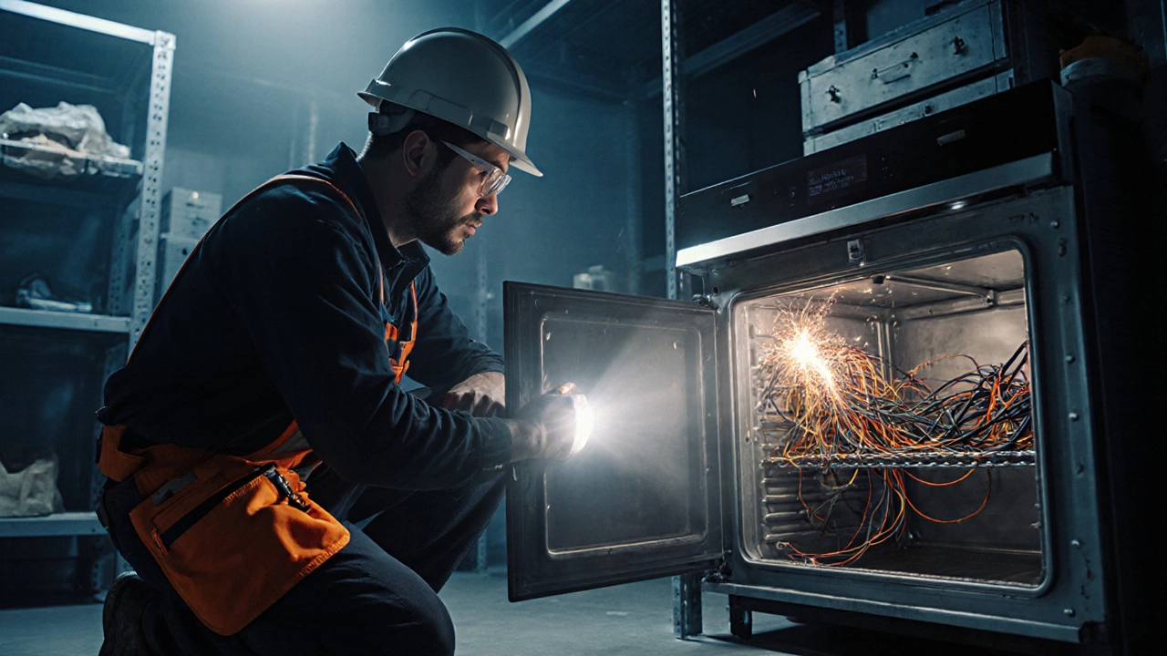 Electrician examines oven wiring inside the back panel with flashlight.
