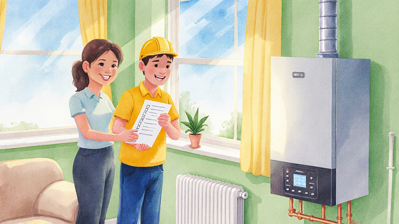 Family and technician smiling after a successful boiler service.