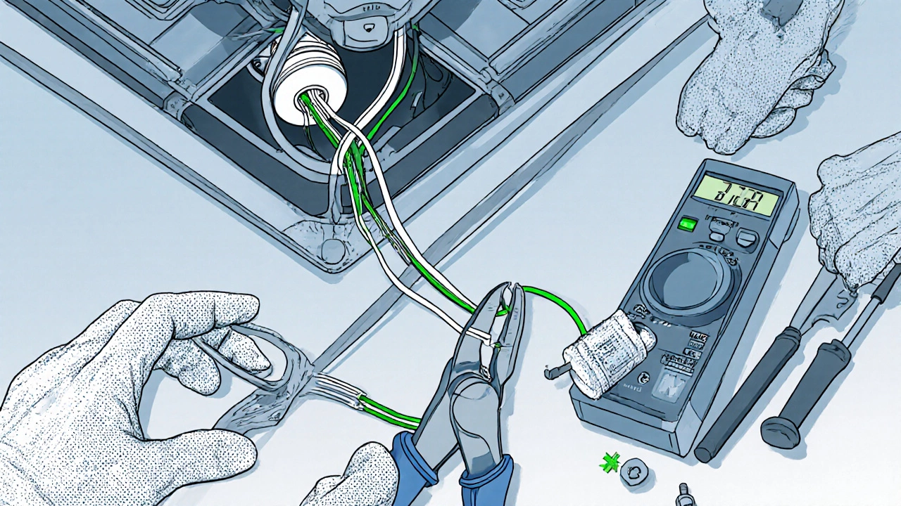 Gloved hands connecting colored wires of a new fan using wire nuts and tools.