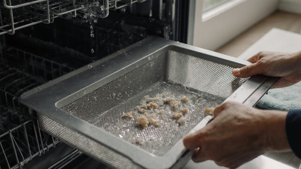 Hands cleaning a dishwasher filter under kitchen light, water droplets on mesh screen.