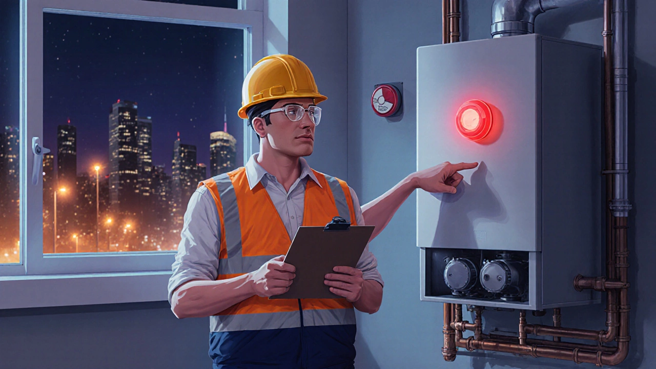 Heating specialist inspecting a boiler’s heat exchanger and carbon monoxide detector.