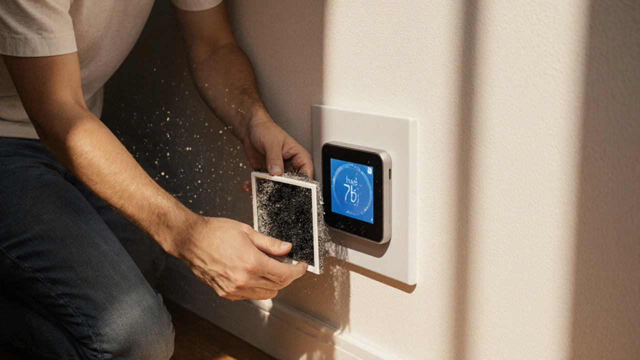 Homeowner adjusts thermostat and swaps a dirty air filter.