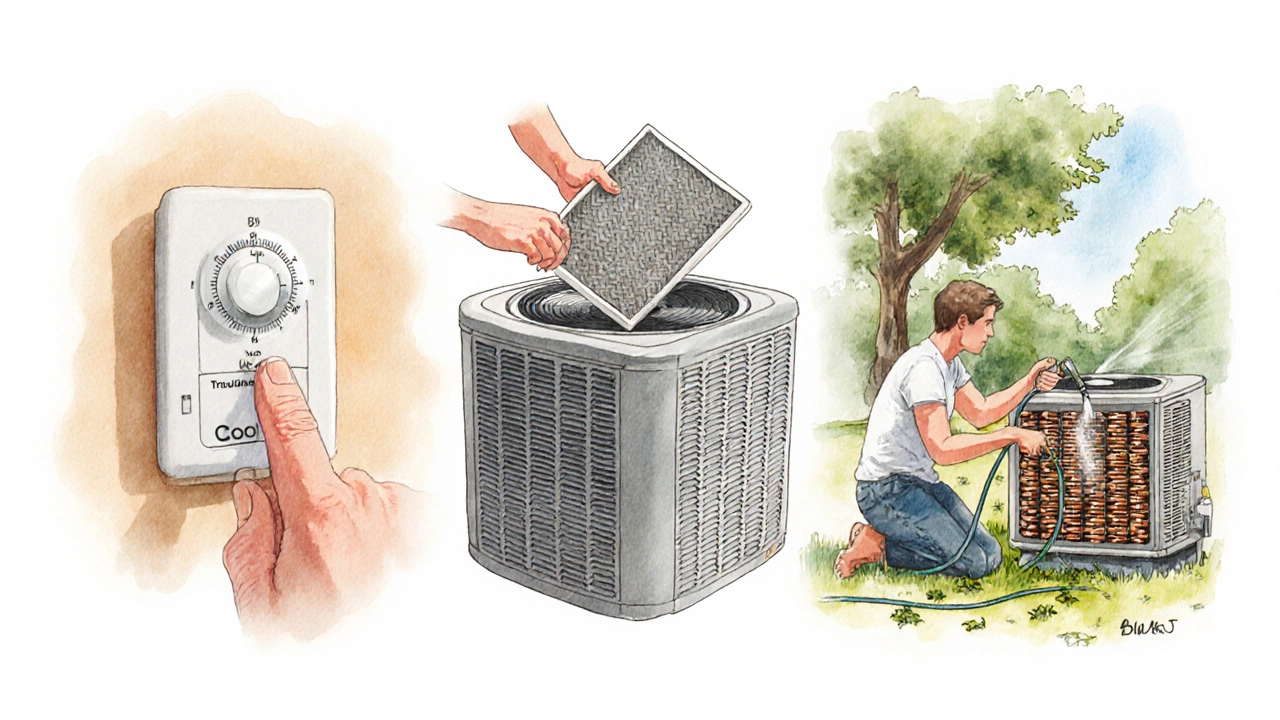 Homeowner checking thermostat, cleaning filter, and clearing outdoor coil.