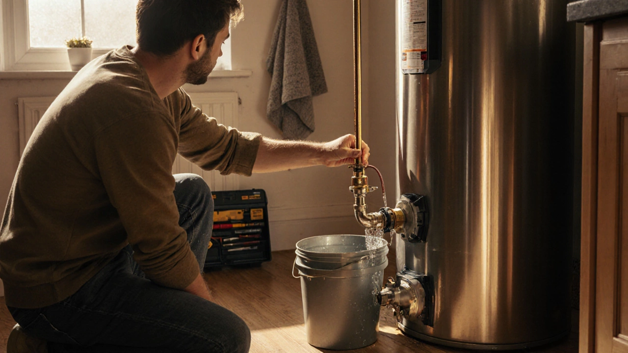 Homeowner draining a water heater with a garden hose in a bright kitchen.