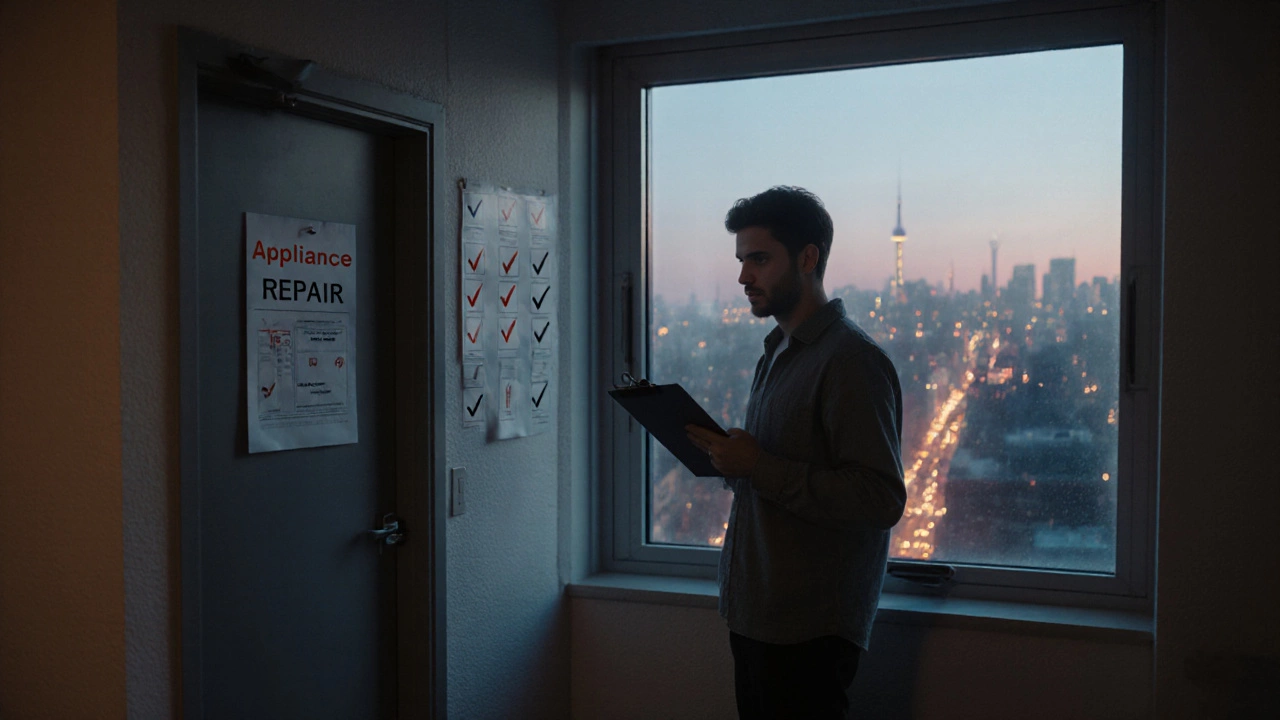 Homeowner with checklist clipboard outside repair shop, Toronto skyline visible.