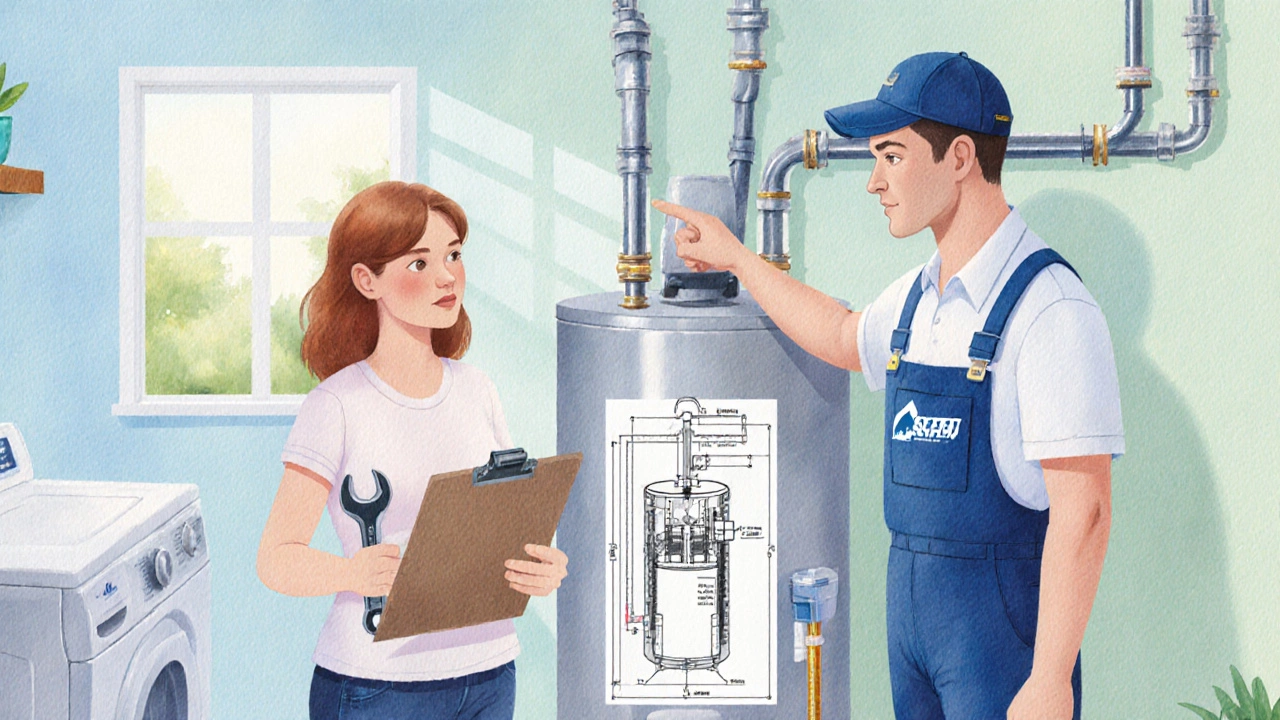 Homeowner with clipboard and plumber reviewing a new heater.