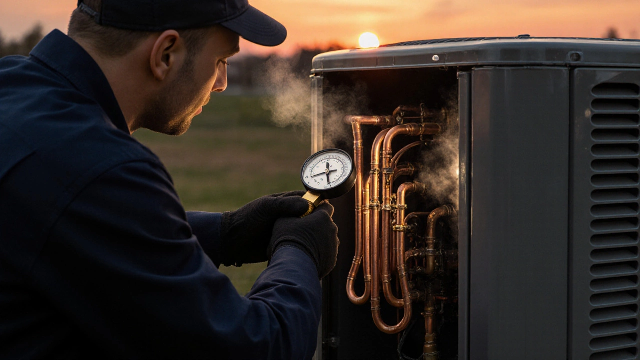 HVAC technician inspecting a heat pump with tools and gauges.
