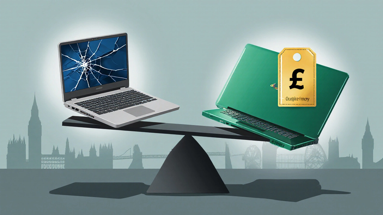 Illustration showing a scale balancing a broken laptop against a price tag and new laptop.
