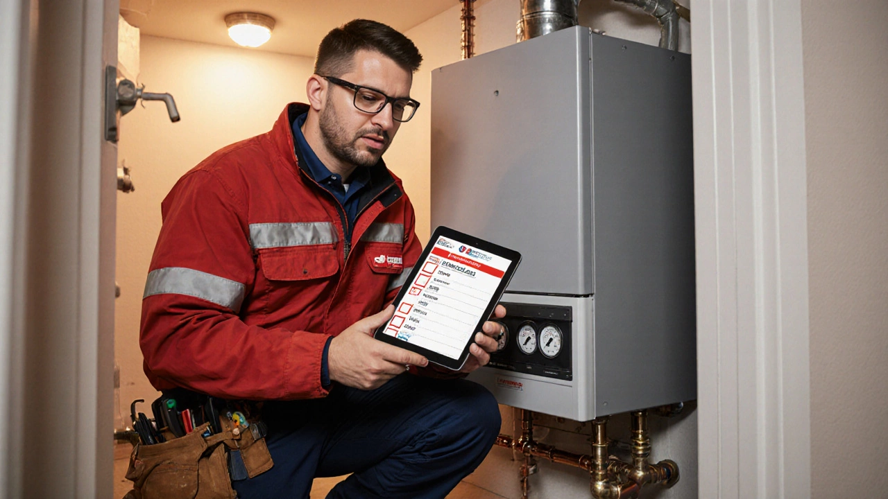 Licensed heating technician checking a boiler with a checklist.