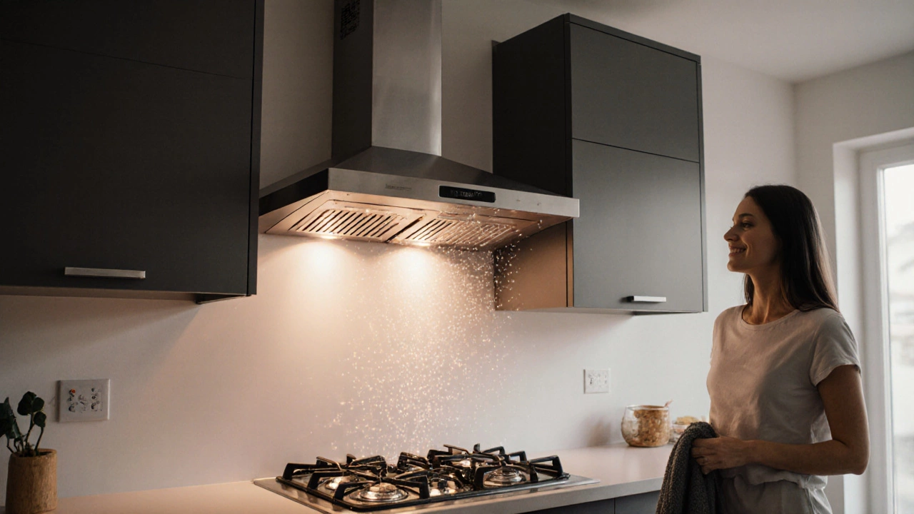 Mounted fan operating above stove, misty airflow, happy homeowner nearby.