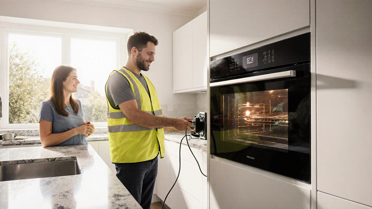 New sleek black oven being installed by an electrician, with a smiling homeowner in a sunny kitchen.