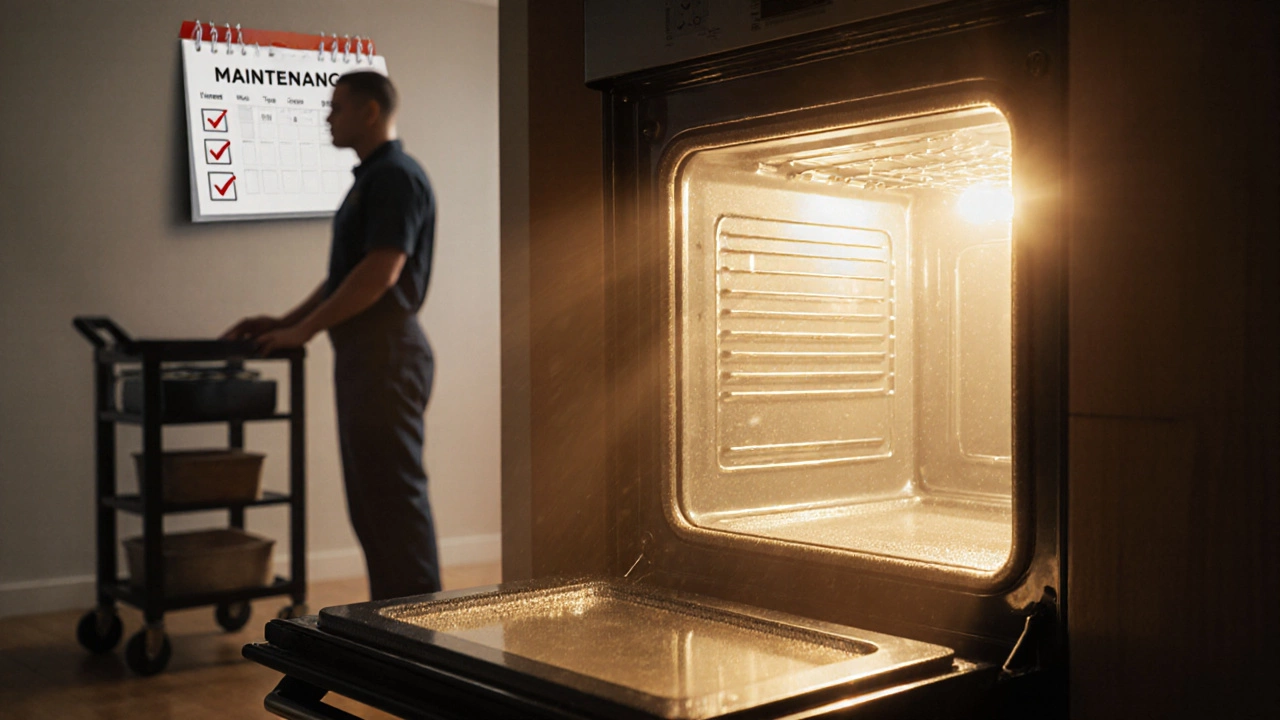 Open, clean oven interior with warm glow and a technician silhouette nearby.