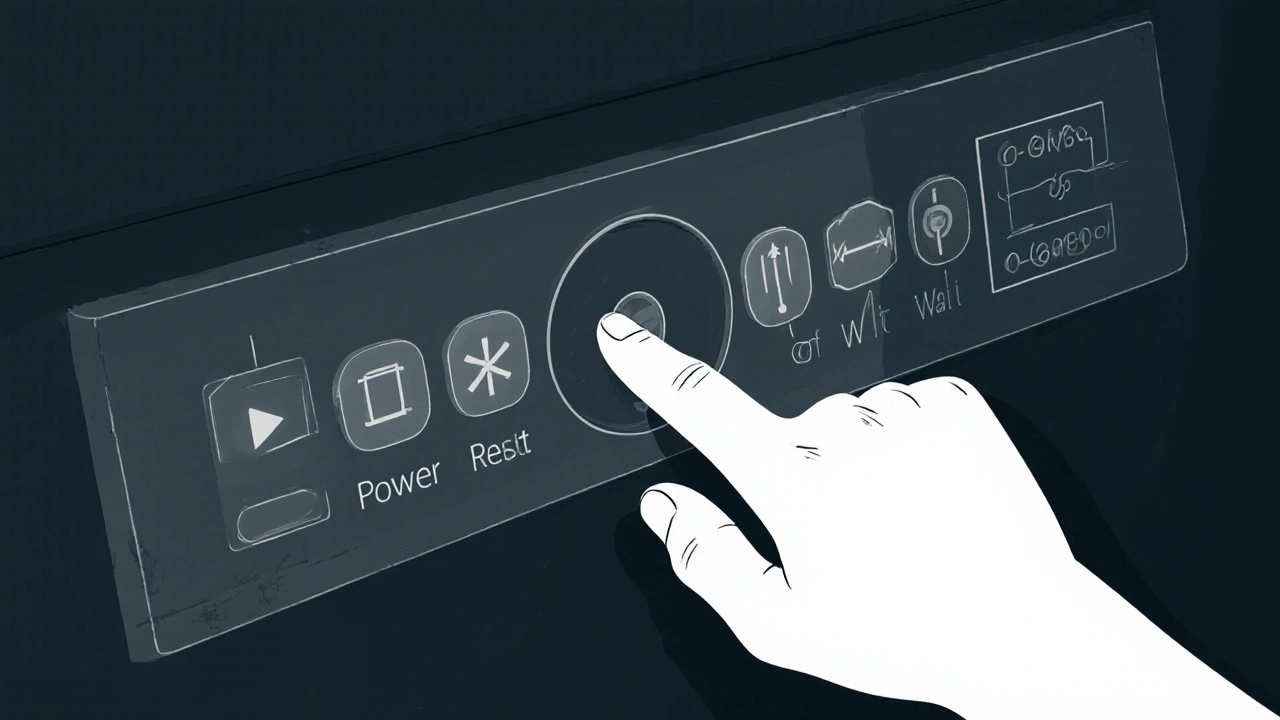 Person pressing start button on dishwasher with subtle digital reset sequence overlay.