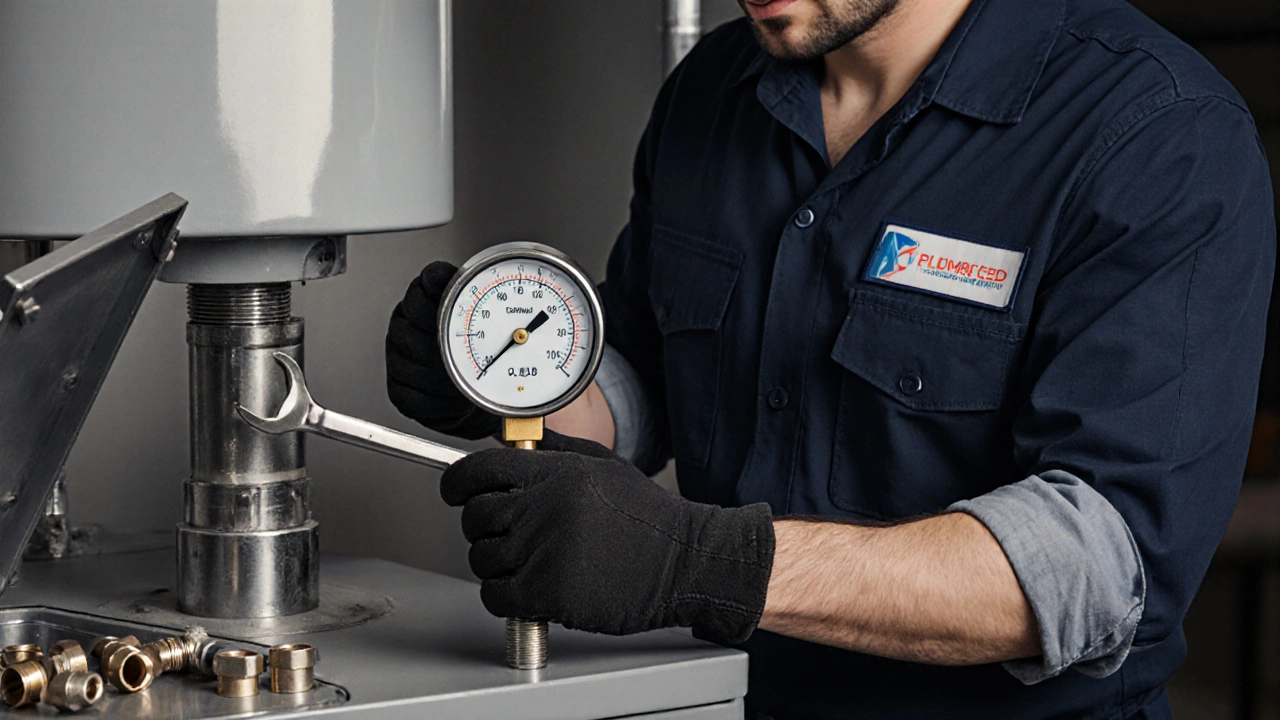 Plumber checking the pressure gauge on a gas boiler, holding a wrench and toolbox.