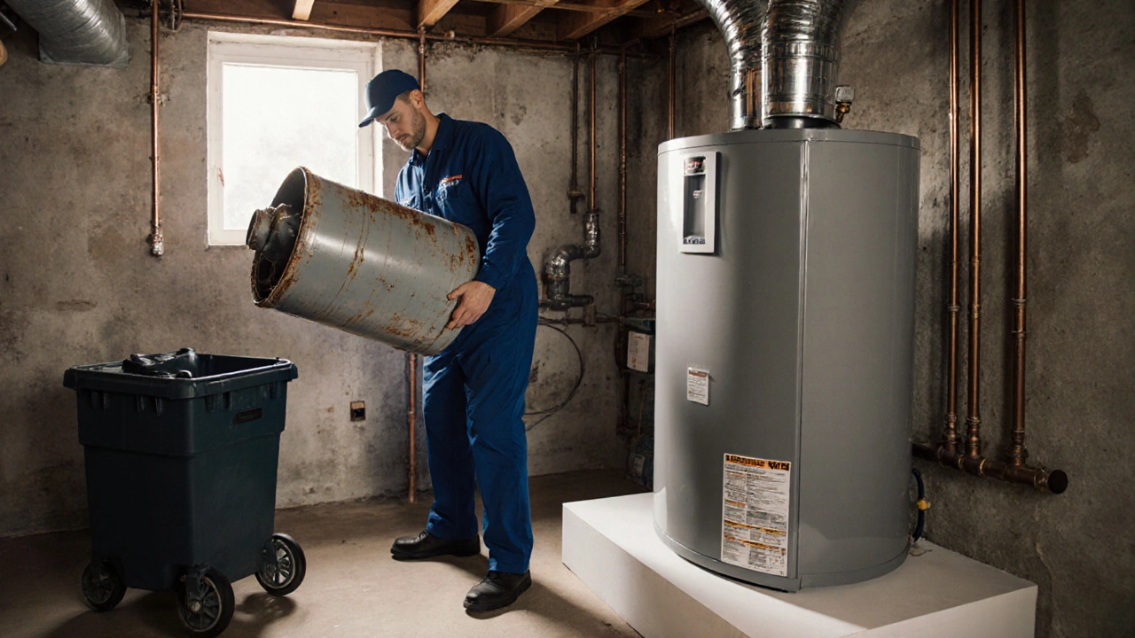 Plumber removing old heater and preparing to install a new high‑efficiency tankless model.