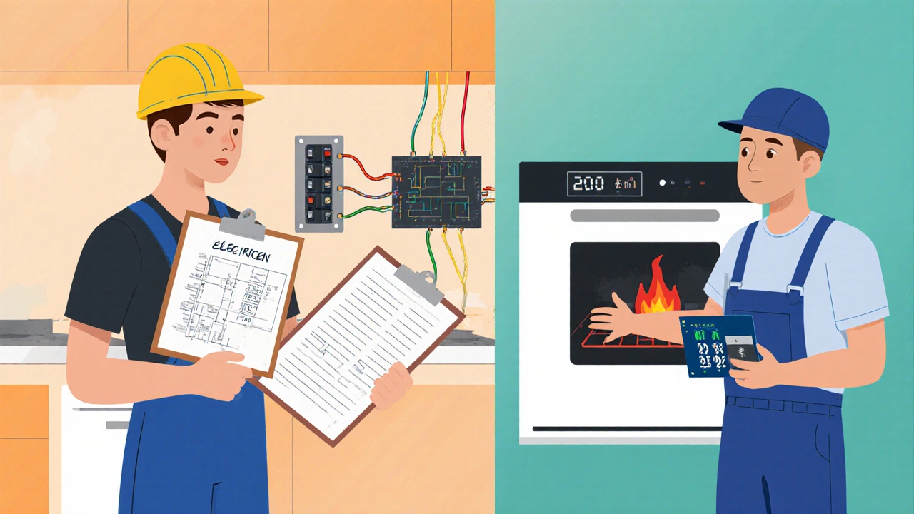 Side‑by‑side illustration of an electrician and an appliance technician.