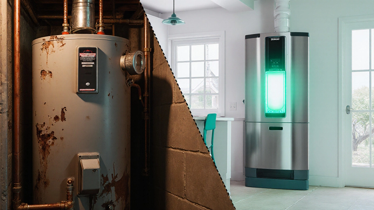 Side‑by‑side old corroded heater and new sleek tankless unit.