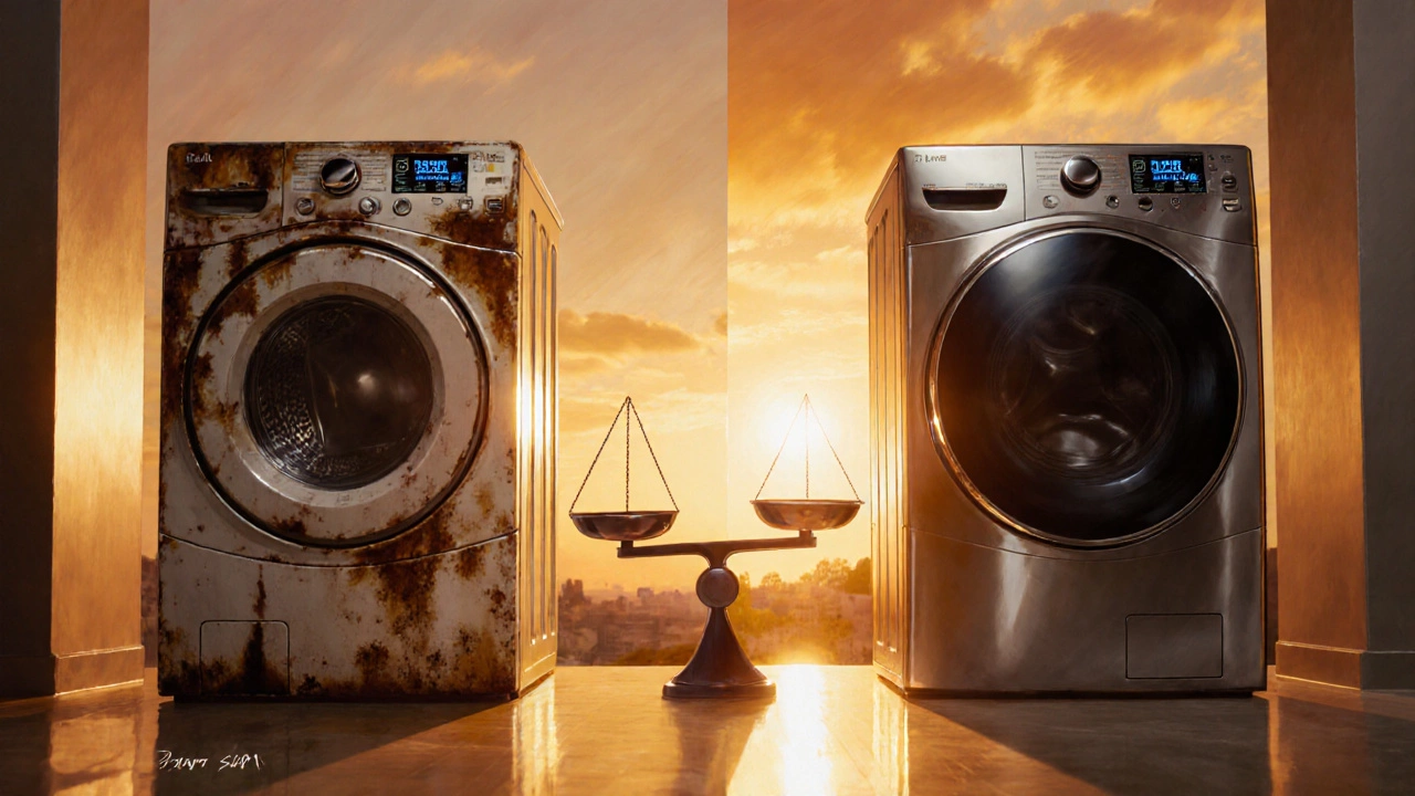 Side‑by‑side view of an old washer and a new Energy Star model on a balancing scale.