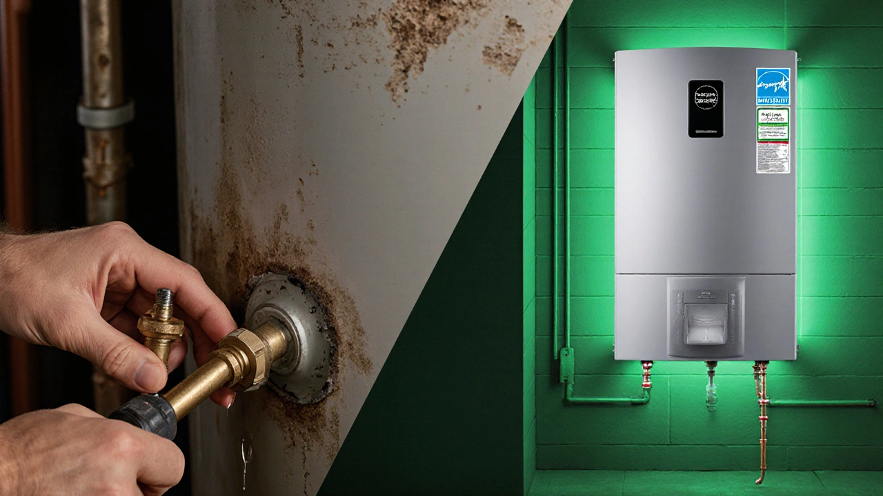 Split illustration showing repair of old heater on left and new Energy Star tankless unit on right.