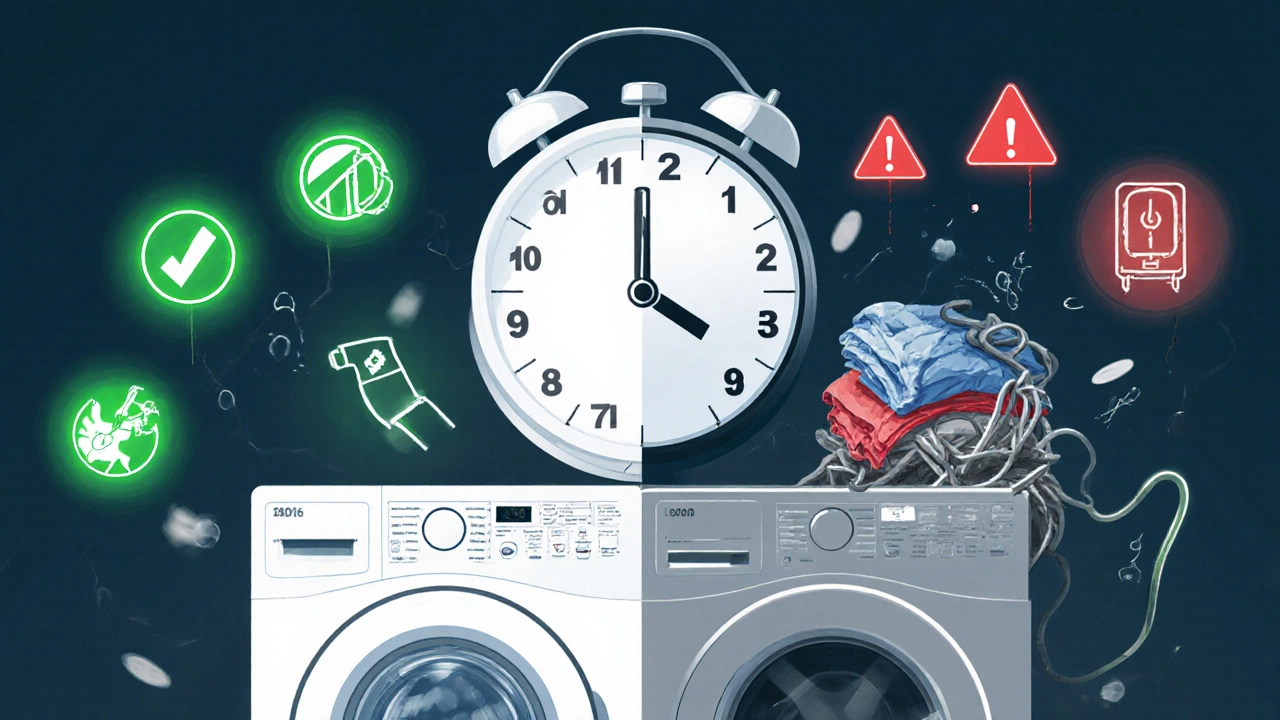 Split illustration showing well-maintained and failing washing machines with maintenance icons.