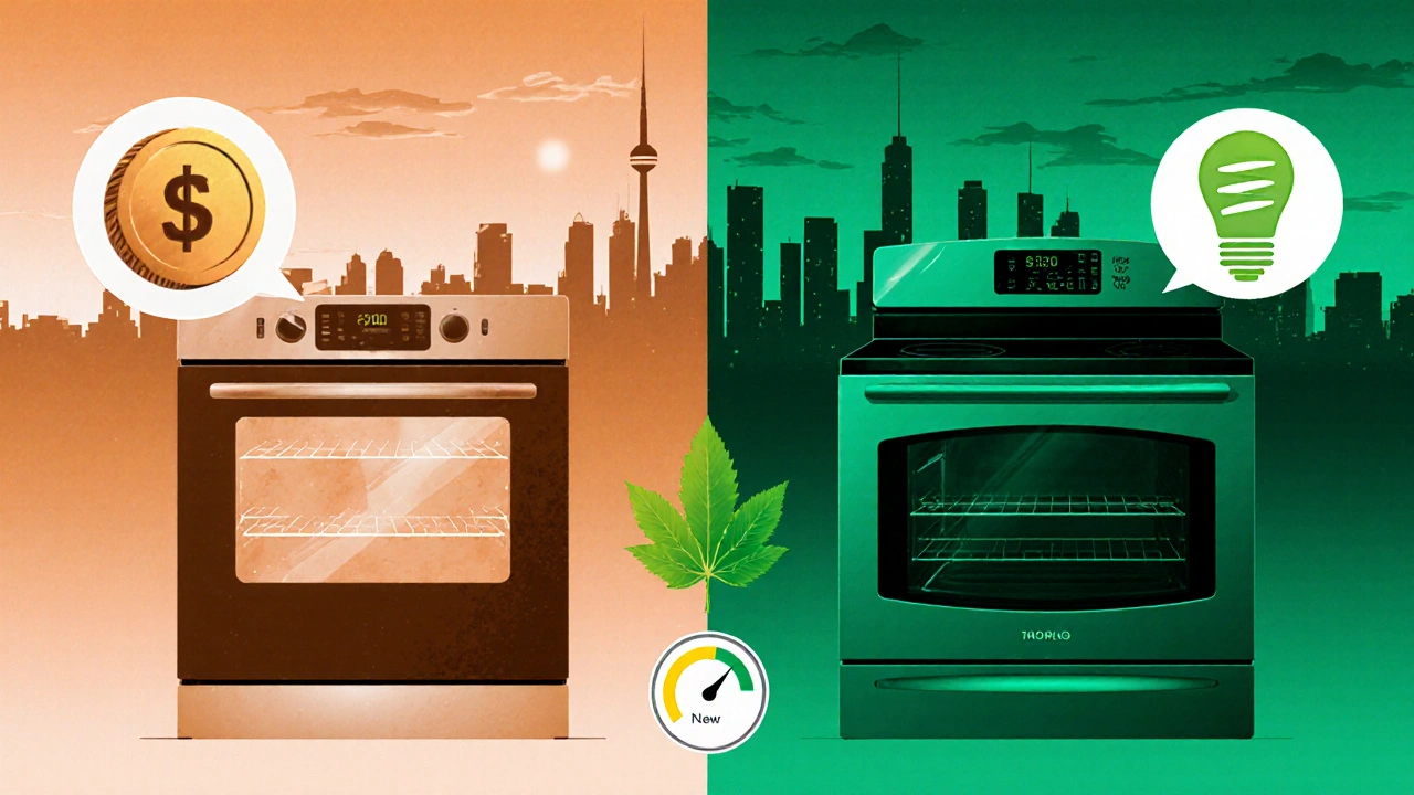 Split scene comparing an older repaired oven with a new energy‑efficient model.