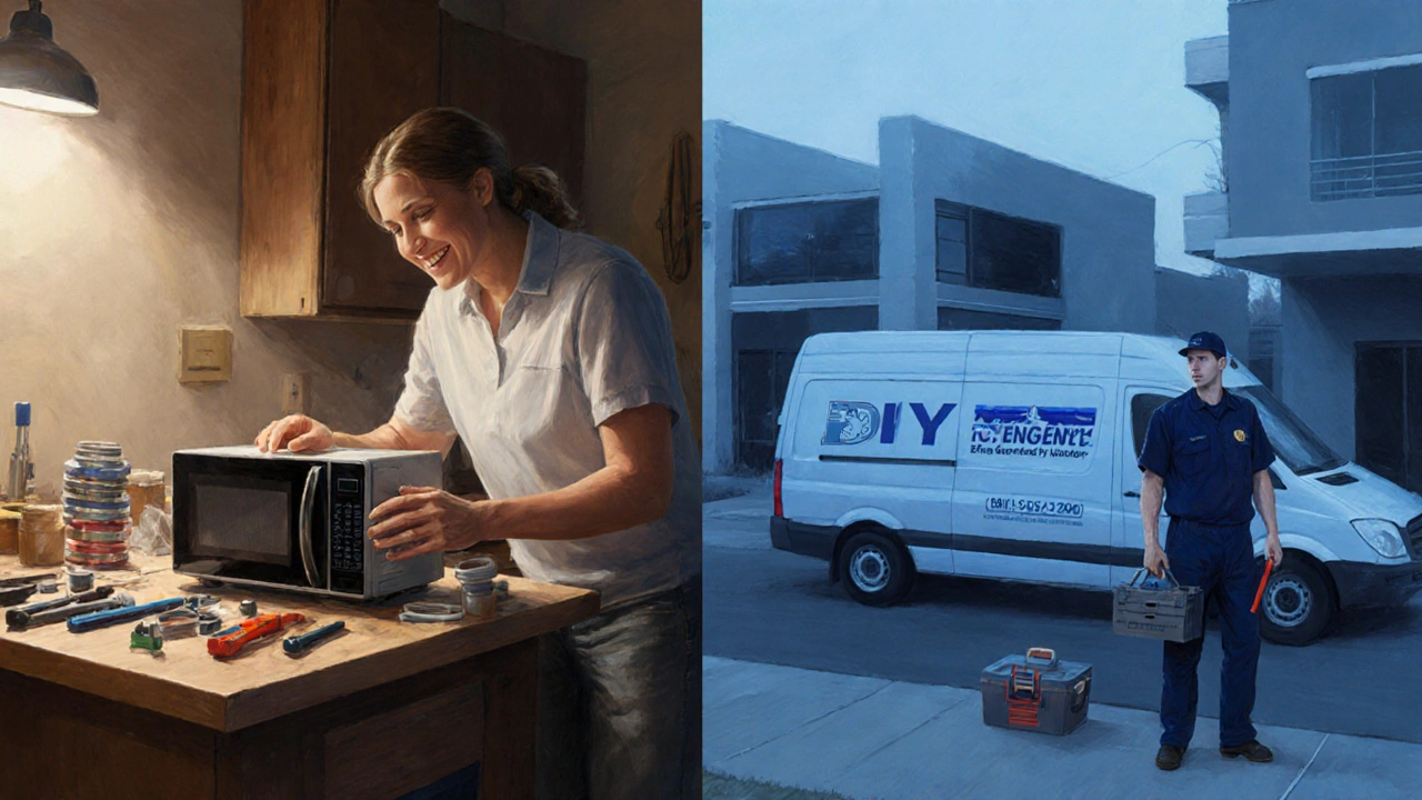 Split scene of DIY repair bench vs. professional service van highlighting repair choices.