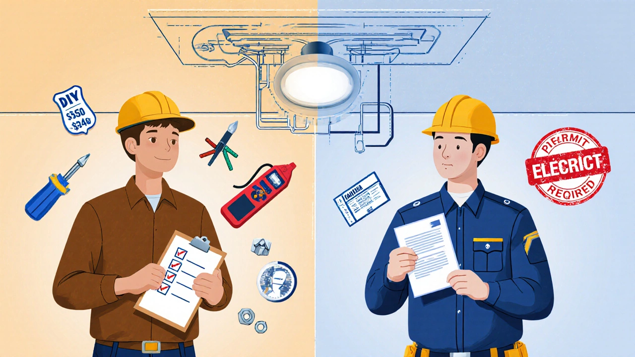 Split scene showing DIY tools and costs on one side, electrician with permit and higher costs on the other.