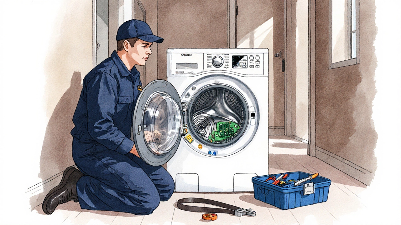 Technician examining an open washing machine showing motor, pump, belt and control board.
