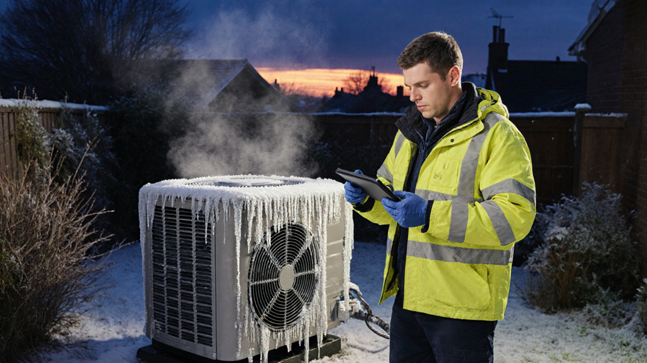 Technician inspects frosted outdoor unit on a cold UK evening.