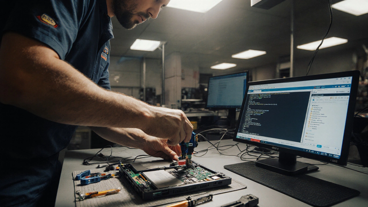 Technician installing a new SSD into a laptop in a clean repair bay.