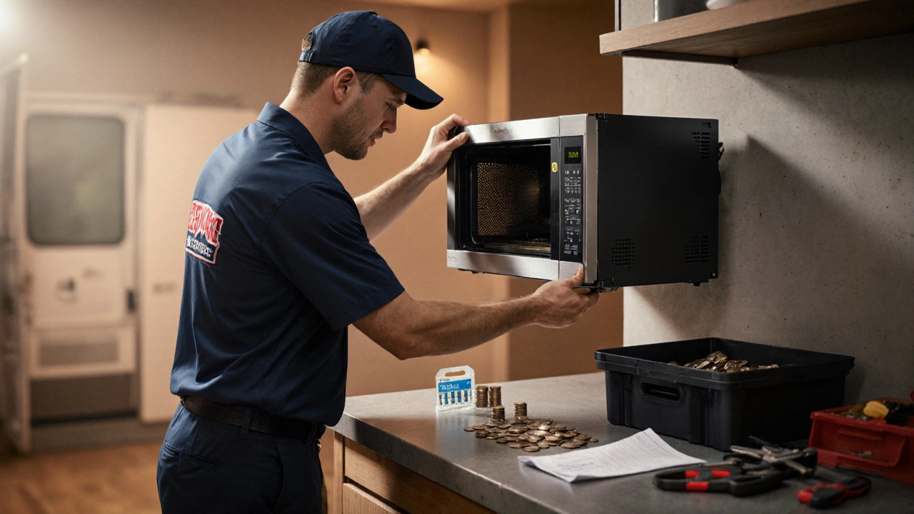 Technician repairs a microwave, with tools and payment cues nearby.
