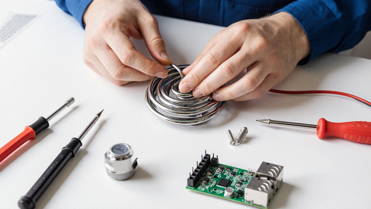 Technician’s hands replacing heating element and other oven parts on a workbench.