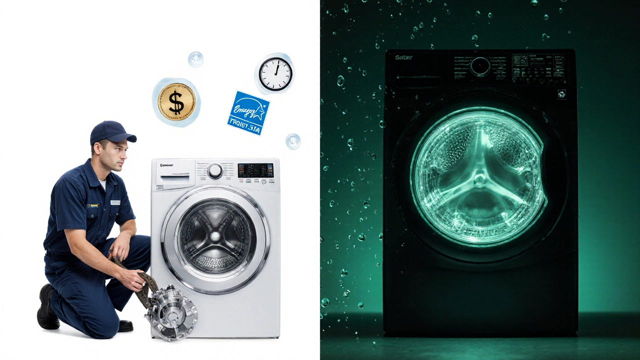 Technician showing old washer parts beside a glowing new Energy Star unit.