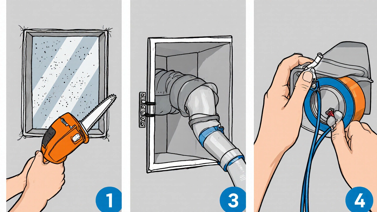 Three panels: cutting drywall, attaching vent duct, wiring the fan.