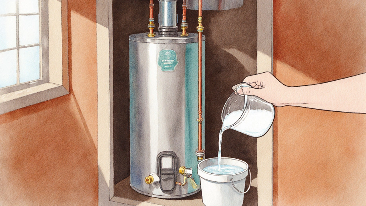 Watercolor of someone maintaining a water heater, draining it and cleaning a valve.