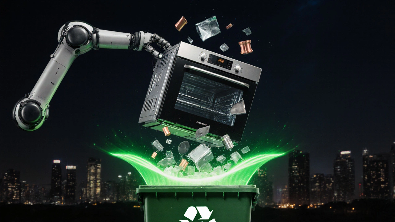 A broken cooker being recycled, with components separating into a green energy flow.