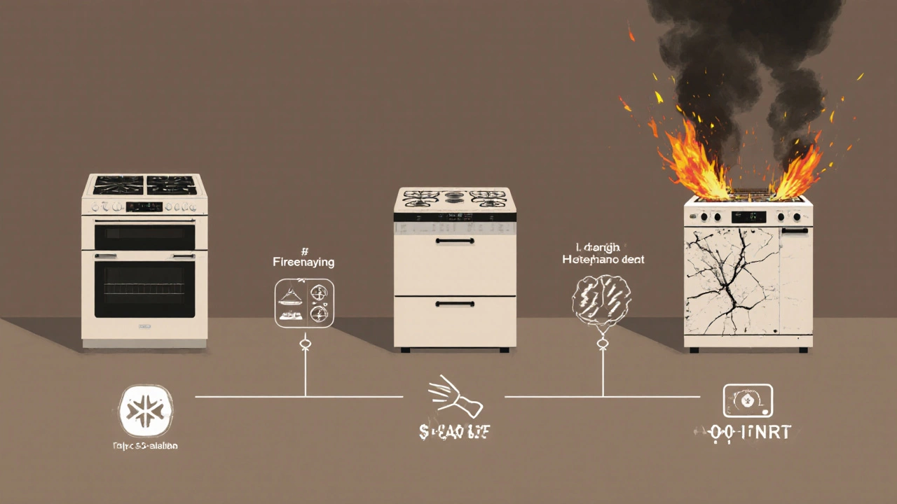 A visual timeline showing a cooker&#039;s life from new to failing, with maintenance and repair indicators.