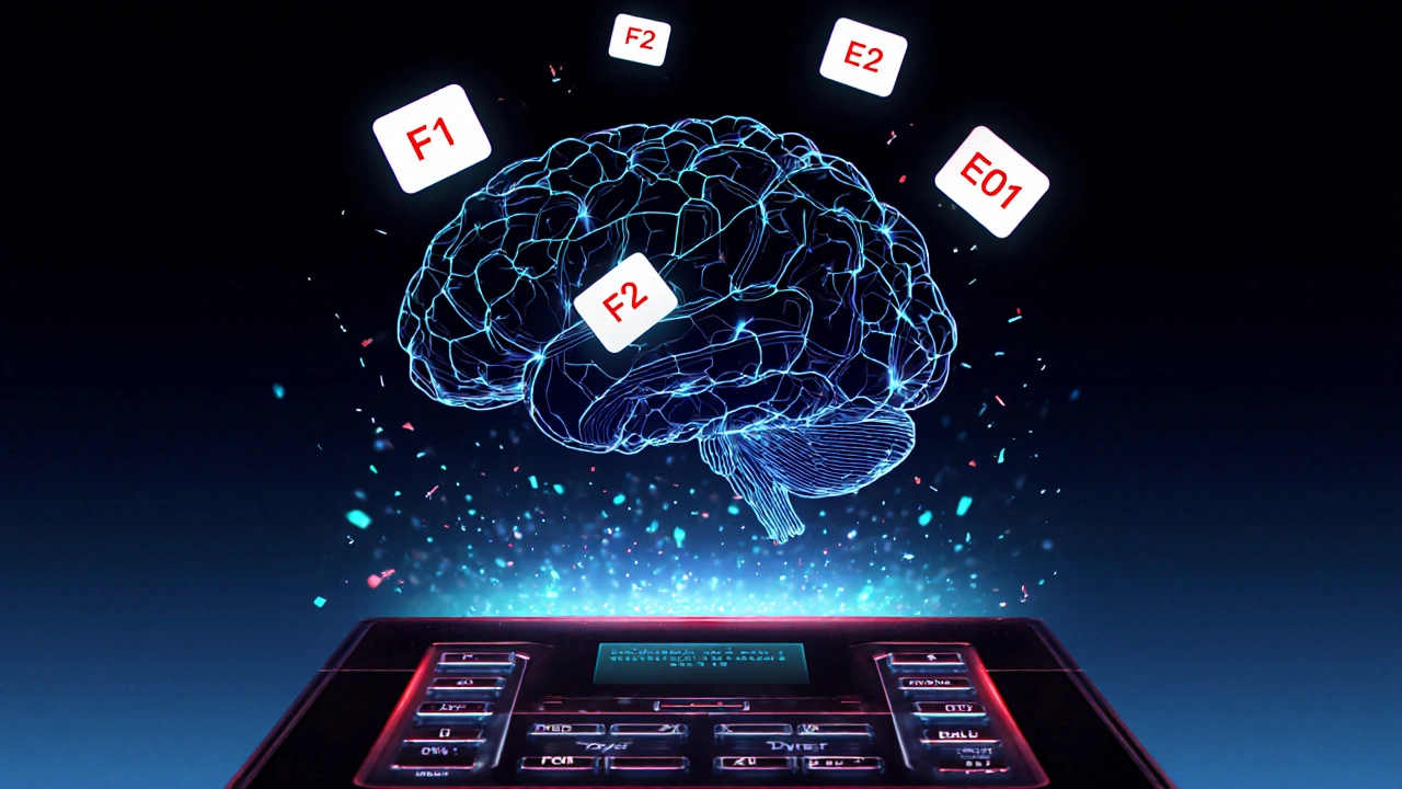 Conceptual image of a malfunctioning oven control board with floating error codes and glitching circuits.