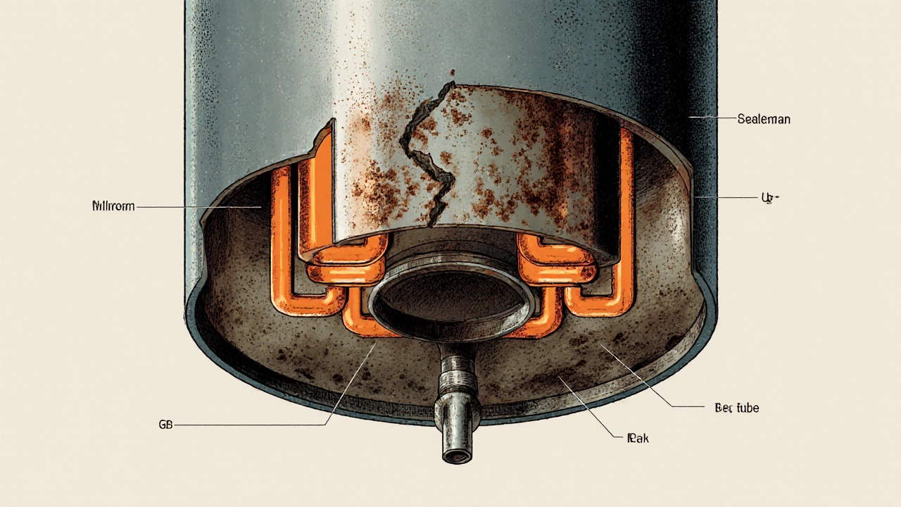 Cross-section of a water heater showing sediment, rust, and a broken dip tube inside the tank.