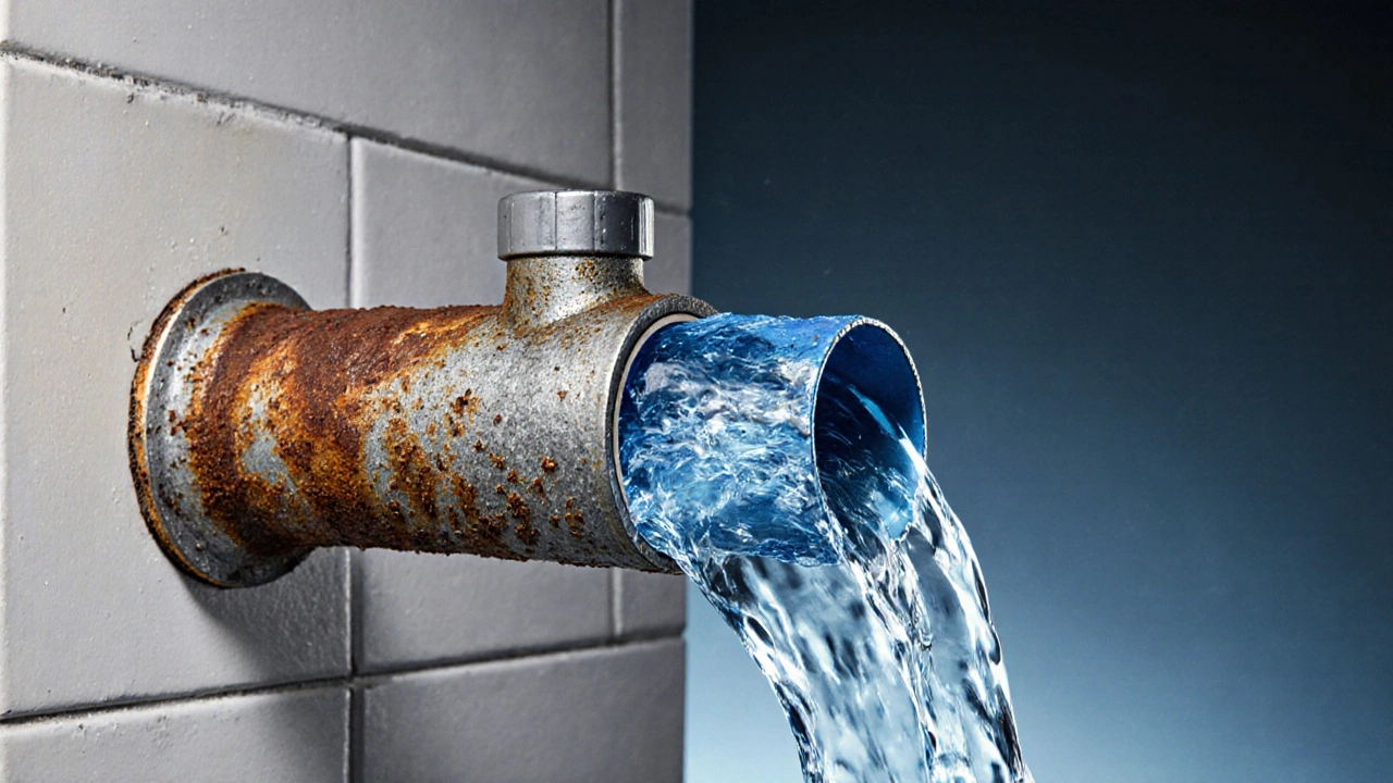 Cross-section showing rust-blocked old pipe versus smooth new PEX pipe feeding a shower