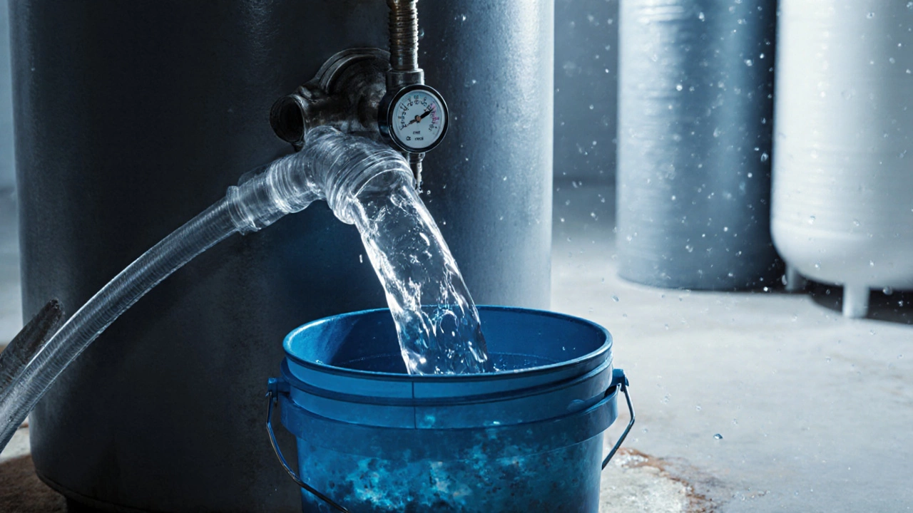 Draining sediment from a water heater using a garden hose.