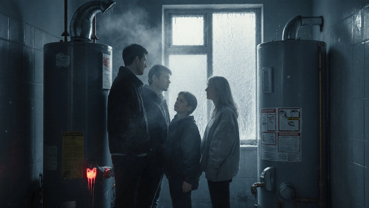 Family in a cold bathroom with a failing water heater behind them, frost on the window.